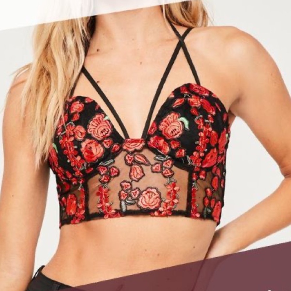 Strappy embroidered rose bralette